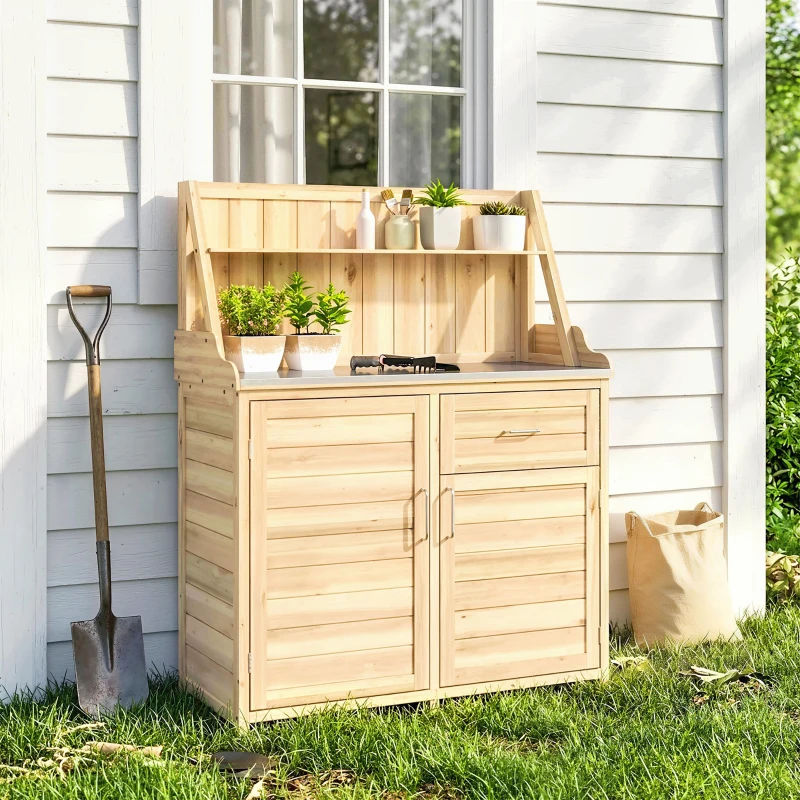 Outsunny Armoire de Jardin en Bois avec Plan de Travail en Métal Galvanisé Tiroir et Étagère 100x45x129,5cm Naturel
