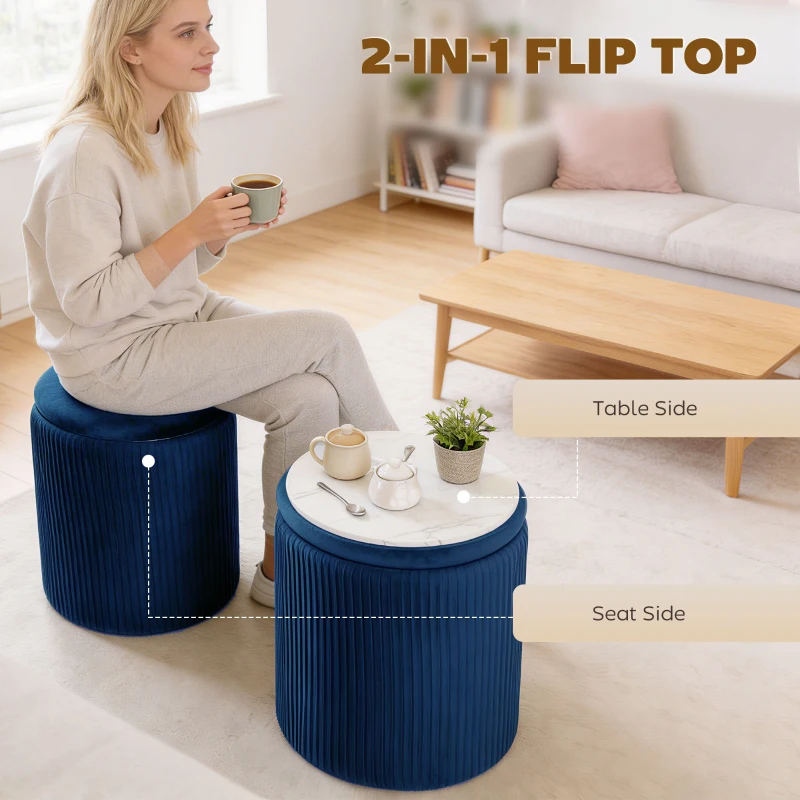 HOMCOM Storage Ottoman Modern Velvet Round Foot Stool for Living Room Bedroom 45 cm Blue
