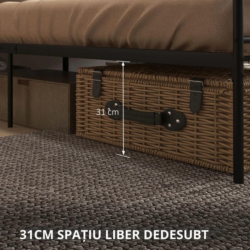 HOMCOM Structura Pat Matrimonial din Otel cu Sipci Integrate, Tetiera si Tablie, 160x200cm
