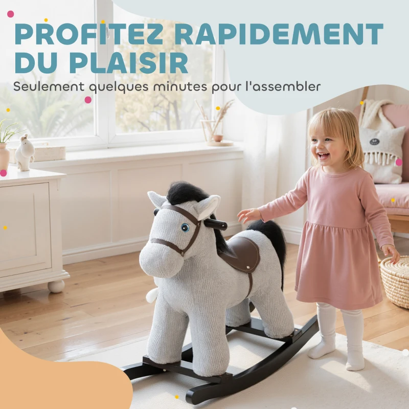 AIYAPLAY Cheval à bascule pour enfants, jouet à bascule bébé en peluche avec eouetffet sonore et poupée, 71 x 26 x 55 cm, gris
