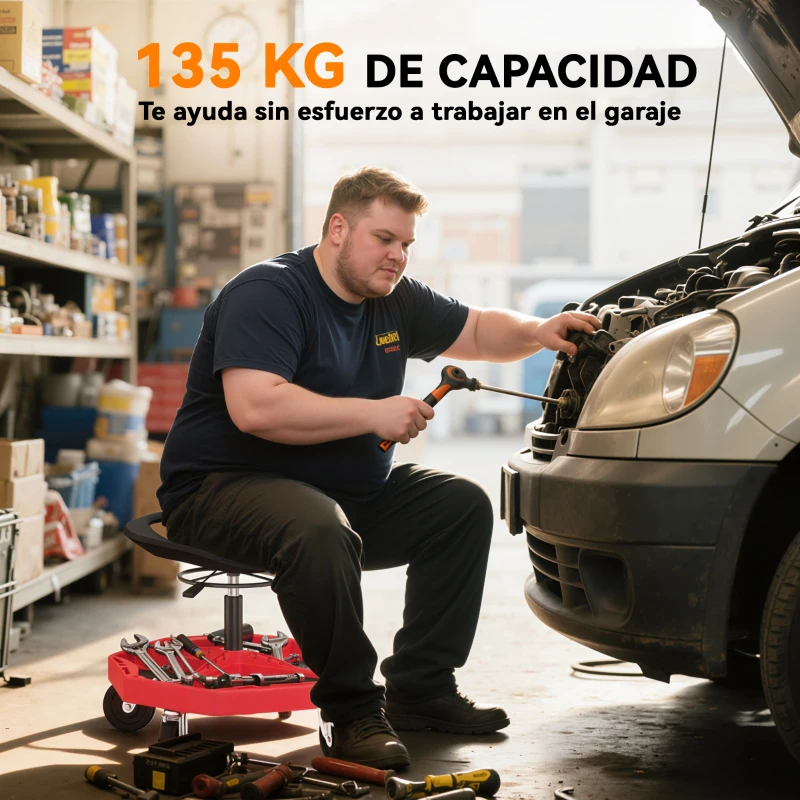HOMCOM Taburete de Taller Móvil con Bandeja Magnética Ruedas Altura Ajustable de 52–59,5 cm Carga 135 kg para Garaje Rojo