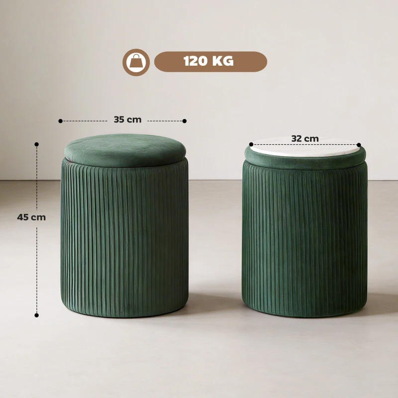 HOMCOM Storage Ottoman Modern Velvet Round Foot Stool for Living Room Bedroom 45 cm Dark Green