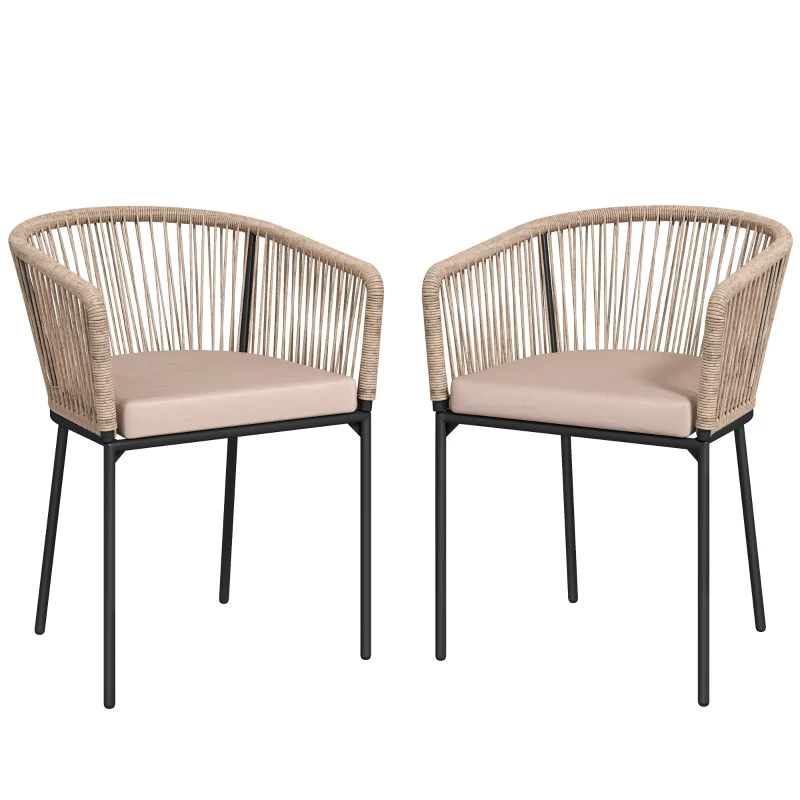 Outsunny Garden Chairs Set of 2, Rattan Garden Dining Chairs with String Back Armrests, Cushions, Natural Wood Finish