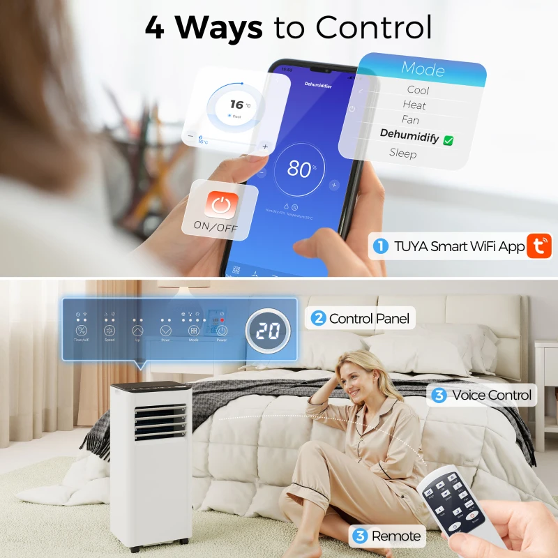 HOMCOM Portable Air Conditioner 7000 BTU, 4-in-1 AC Unit with Cool, Dehumidifier, Fan, Sleep Mode, WiFi Voice Remote Control
