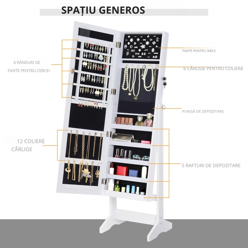 HOMCOM dulap bijuterii, oglinda si leduri incluse,40x37x146 cm