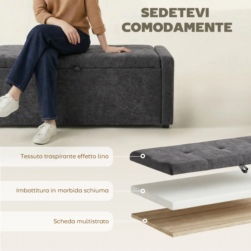 HOMCOM Cassapanca 142L Pouf Contenitore, Seduta Ampia Imbottita, in Lino, Capacità 200 kg, Grigio Scuro