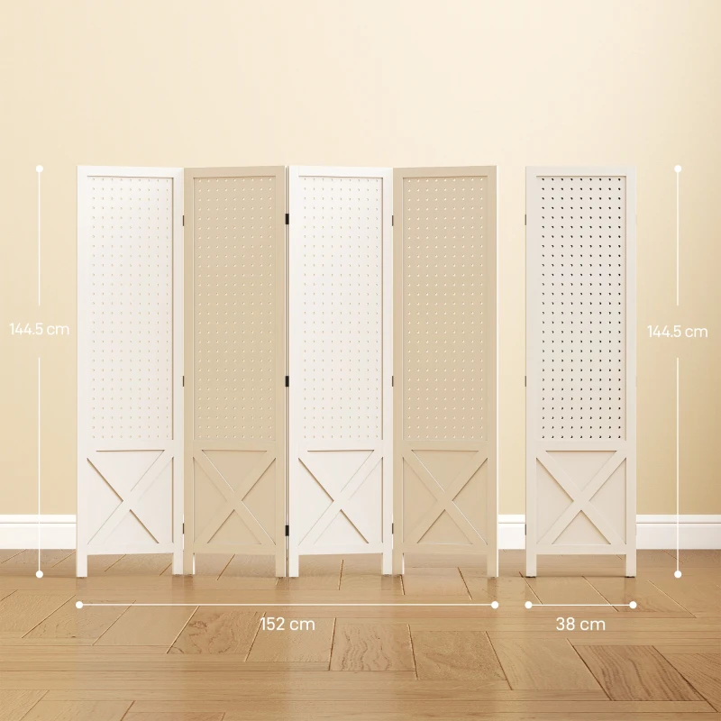 HOMCOM Paravan interior din lemn 4 panouri separator de cameră pliabil panou perforat 152 x 1,7 x 144,5 cm alb