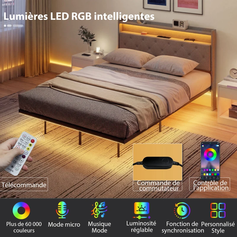 HOMCOM Cadre de lit 140 x 190 cm avec sommier acier, lit 2 personnes flottant avec lumières LED RGB et station de charge, gris