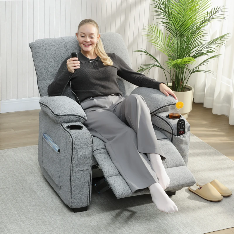HOMCOM Electric Massage Recliner Armchair with Vibration, Heat, Whisper-Quiet Motor, Memory Function, Velvet Power Reclining Chair with Spring Pack, USB Port, Footrest, Side Pockets, Cup Holders, Grey