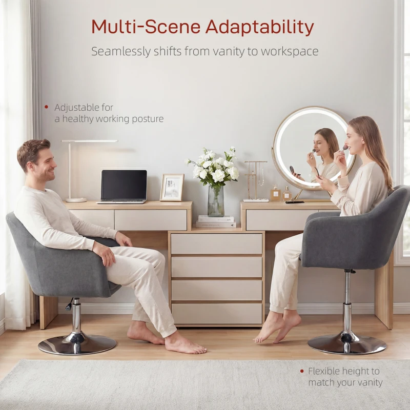 HOMCOM Swivel Linen Fabric Accent Chair for Living Room Contemporary Vanity Armchair with Adjustable Height Thick Cushion Lumbar Support Armrest for Bedroom Office Dark Grey