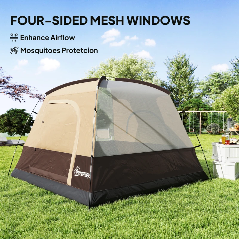 Outsunny 3-4 Person Camping Tent, Easy Set Up 3-4 Man Tent w/ Sewn-in Groundsheet, Waterproof Dome Tent w/ Mesh Windows, Brown