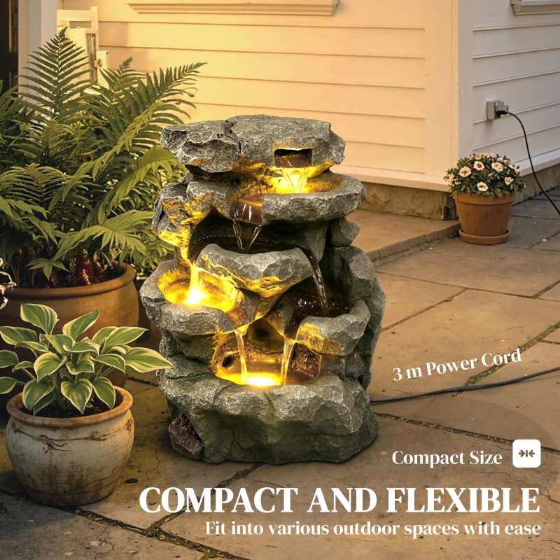 Outsunny Outdoor Fountain with 6-Tier Rock Design, Waterfall Feature with LED Lights, Resin Freestanding Garden Fountain, Grey