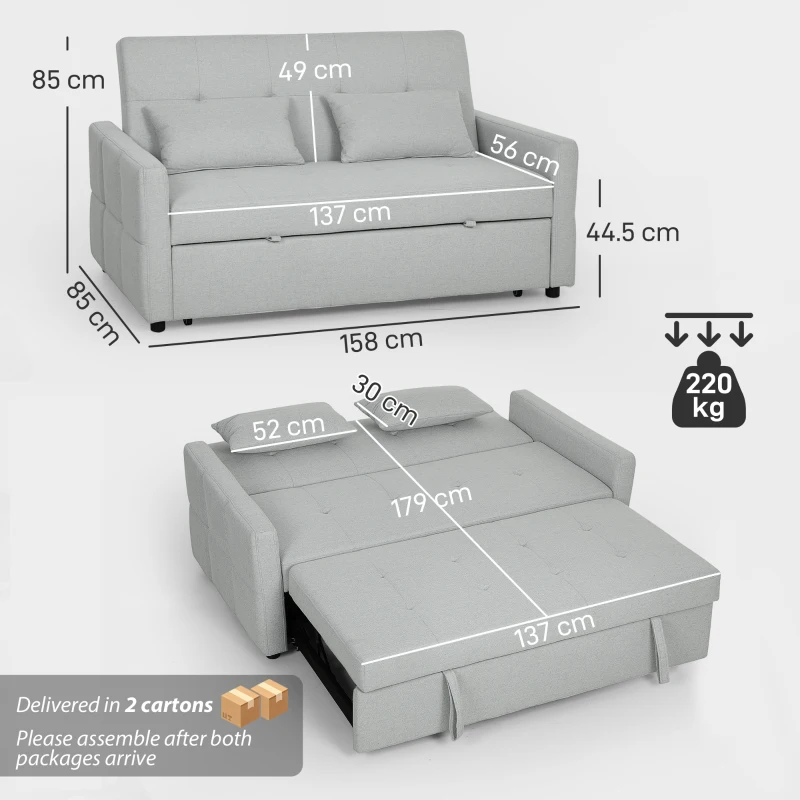 HOMCOM Three-Way Two-Seater Sofa Bed - Light Grey