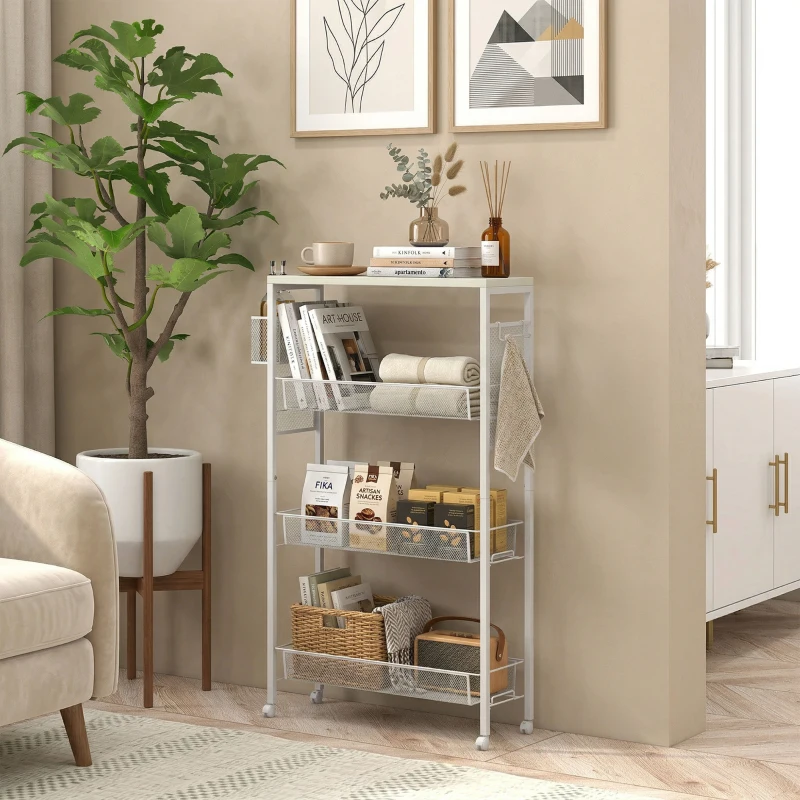 HOMCOM Carucior de Bucătărie pe 3 Niveluri cu Coș Lateral și Cârlig, din Plăci Aglomerate și Oțel, 58x18,5x87 cm