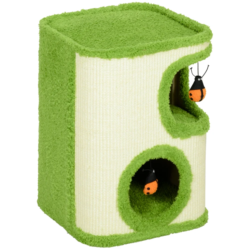 PawHut 52cm Cat Barrel Tower, 2 Story Cat Condo with Sisal Scratching Pad, Toy Ladybugs, Barrel Shaped Cat House Covered in Soft Plush, Green