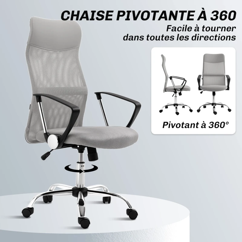 HOMCOM Fauteuil de bureau manager dossier ergonomique hauteur assise réglable pivotant tissu maille 63x65x119109-119cm gris