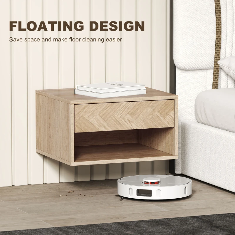 HOMCOM Set of Two Floating Bedside Tables - Natural Wood Finish