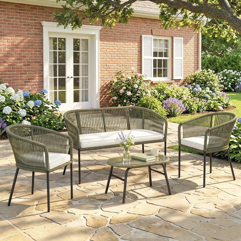 Outsunny Conjunto de Jardim Exterior 4 Lugares Sofá 2 Lugares 2 Poltronas e Mesa de Centro Vidro Temperado PP Redondo Trançado Creme