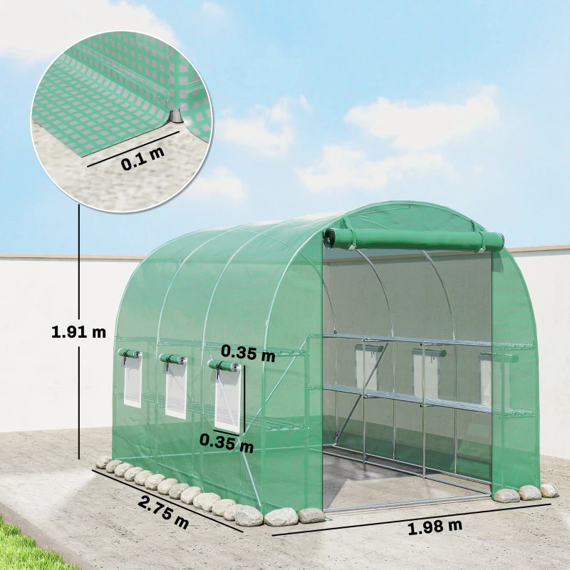 Outsunny Walk-in Greenhouse with Shelves, Polytunnel Greenhouse with Roll-Up Door, 6 Mesh Windows,198 x 275 x 191 cm, Green