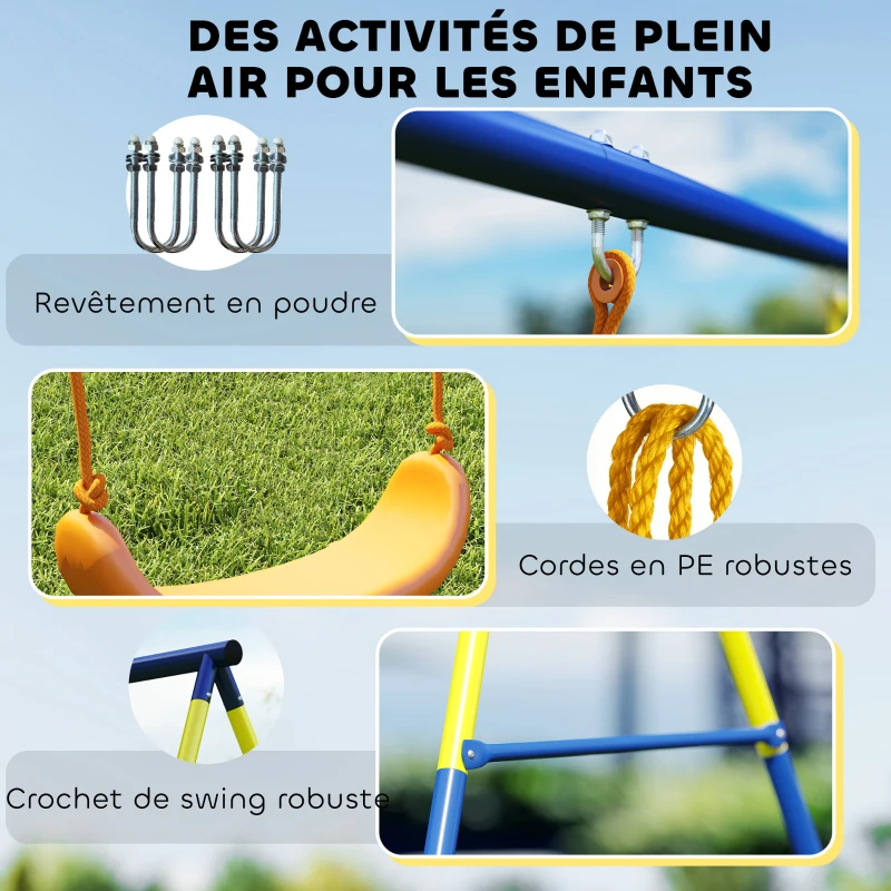 AIYAPLAY Portique Balancoire Exterieur Enfants 3-en-1, Siège de Balancelle, 2 Anneaux Gymnastique et Balançoire à Disque