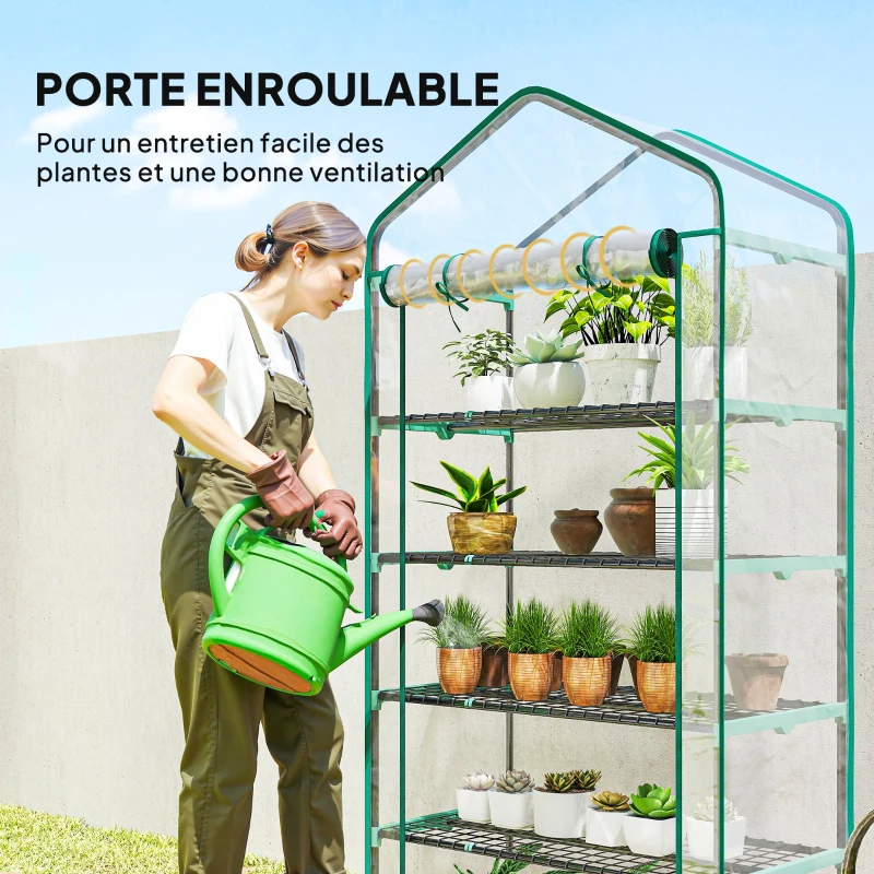 Outsunny Serre de jardin PVC avec étagères 5 niveaux, serre de balcon, châssis en acier, porte zippée, 90x49x193cm, transparent