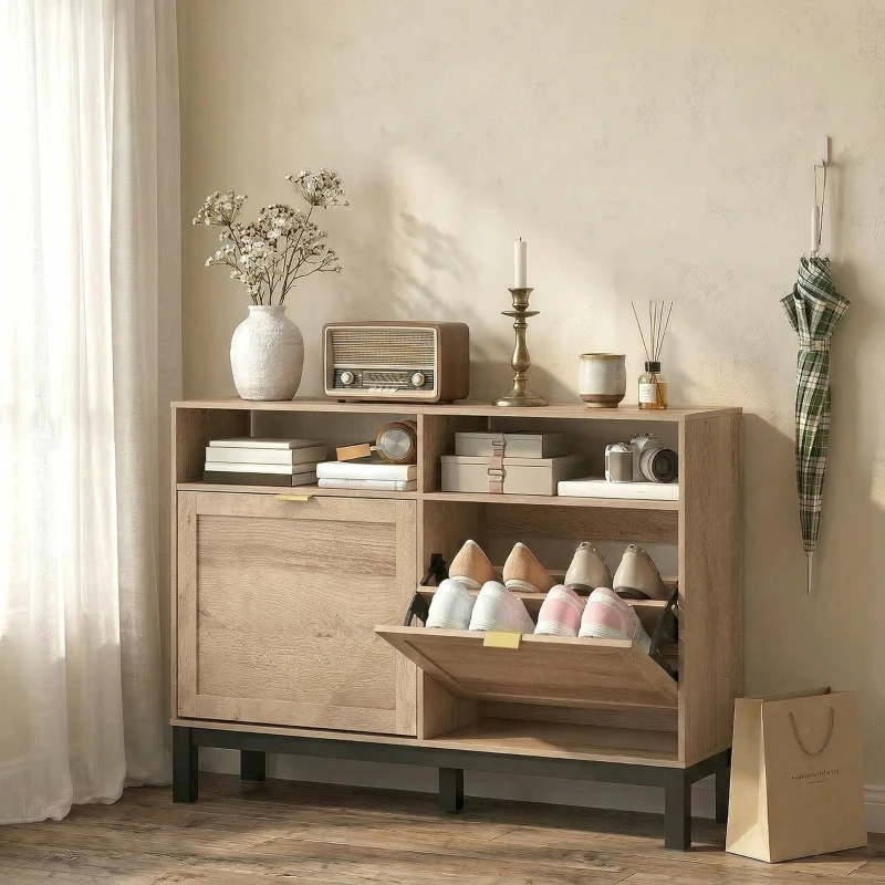 HOMCOM Shoe Cabinet with 2 Flip Drawers, Narrow Shoe Storage Top for Entryway Hallway, Walnut Brown