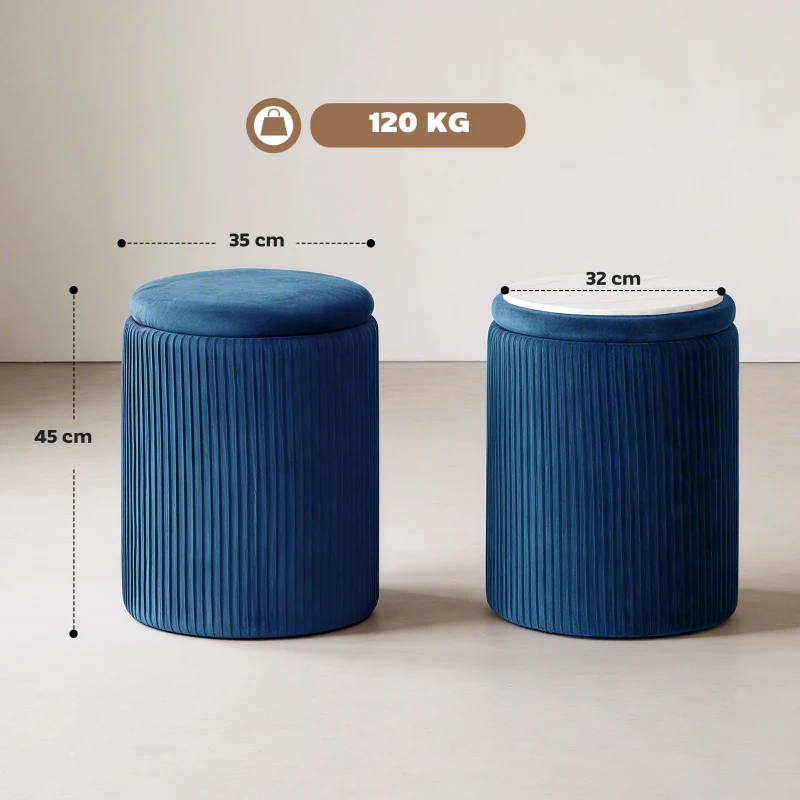 HOMCOM Storage Ottoman Modern Velvet Round Foot Stool for Living Room Bedroom 45 cm Blue