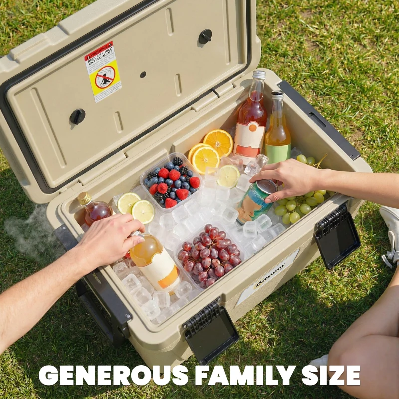 Outsunny 42.6L Insulated Cool Box, Lightweight Portable Ice Cooler with Handle, Lid and Drain Valve, Khaki