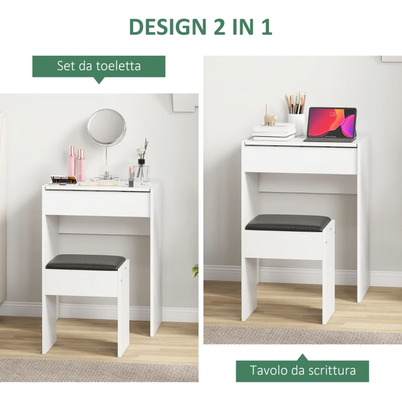 HOMCOM Postazione Trucco con Specchio Richiudibile, Toeletta Trucco Moderno, con Sgabello, Vano Contenitore a 10 Scomparti, MDF Bianco, 60.2 x 40.2 x 79cm