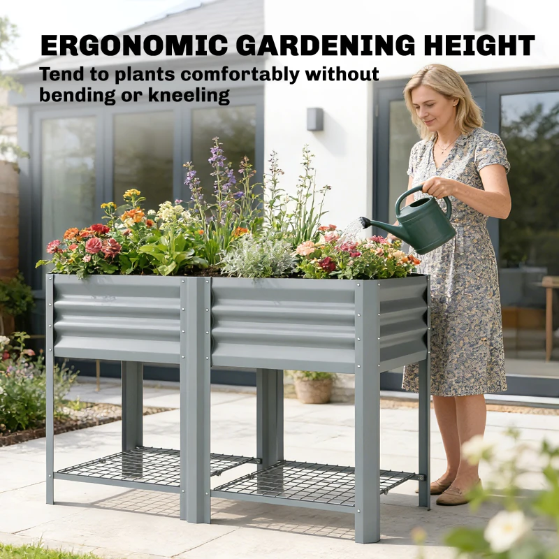 Outsunny Raised Garden Bed with Storage Shelf Steel Elevated Planter Box with Legs for Outdoor Vegetables Flowers