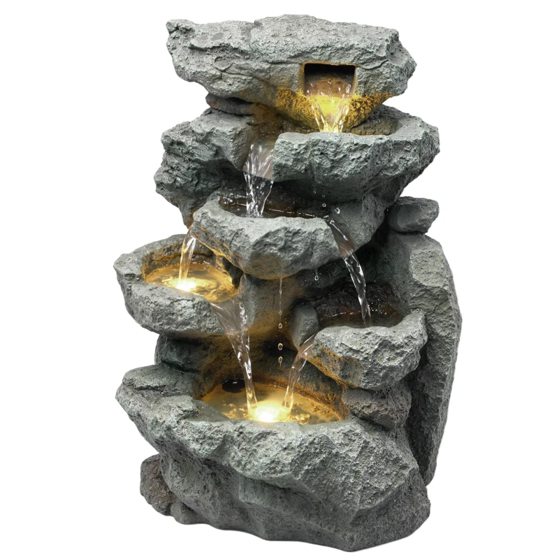 Outsunny Outdoor Fountain with 6-Tier Rock Design, Waterfall Feature with LED Lights, Resin Freestanding Garden Fountain, Grey