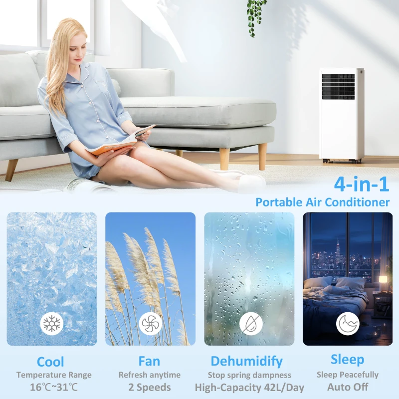 HOMCOM Przenośny klimatyzator 9000 BTU, 4-w-1 z chłodzeniem, osuszaczem, wentylatorem, trybem nocnym