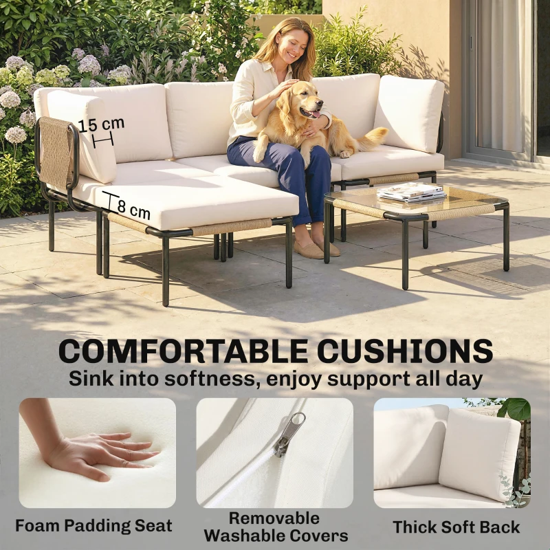 Outsunny Zestaw mebli z polirattanu 5-częściowy, 3 fotele, stolik ze szkła, podnóżek, szerokie i głębokie siedziska, zdejmowane poduszki