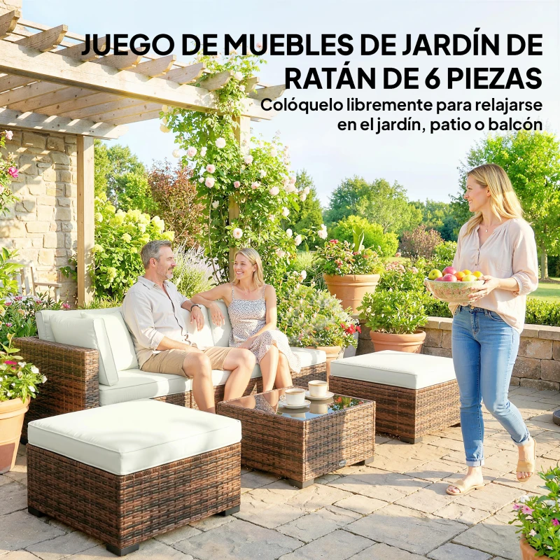 Outsunny Conjunto de Jardín Exterior de Ratán de 6 Piezas con Silla Esquinero 2 Sillas sin Brazos Reposapiés y Mesa Marrón
