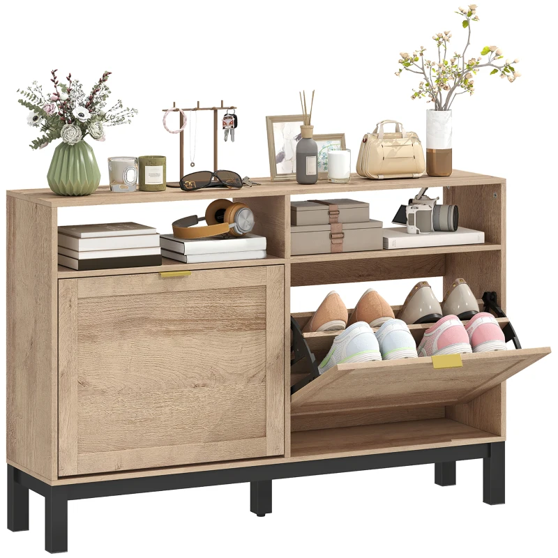 HOMCOM Shoe Cabinet with 2 Flip Drawers, Narrow Shoe Storage Top for Entryway Hallway, Walnut Brown