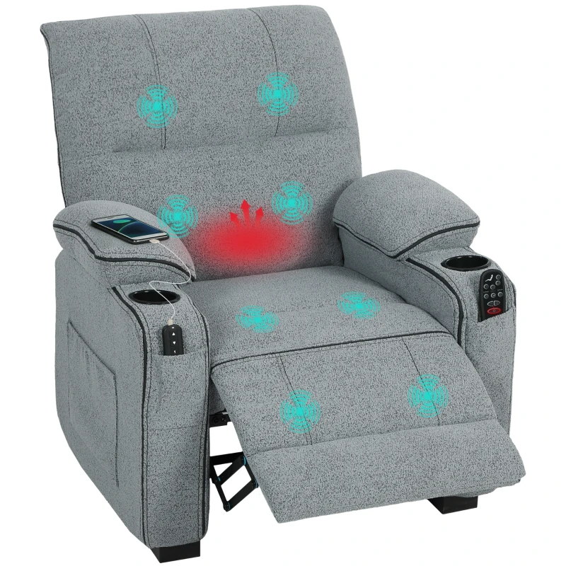 HOMCOM Electric Massage Recliner Armchair with Vibration, Heat, Whisper-Quiet Motor, Memory Function, Velvet Power Reclining Chair with Spring Pack, USB Port, Footrest, Side Pockets, Cup Holders, Grey