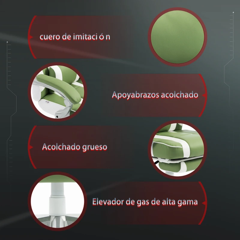 HOMCOM Silla Gamer Reclinable con Altura Ajustable Reposapiés Retráctil Soporte Lumbar y Reposacabezas Desmontable Verde