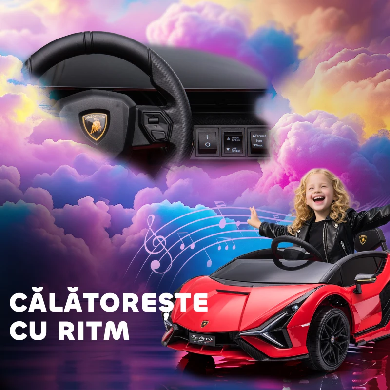 HOMCOM Masina electrica pentru copii 12V Lamborghini cu faruri si muzica, telecomanda si viteza 3-8 km/h, 108x62x40cm, Rosie