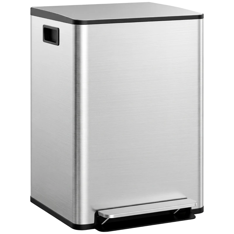 HOMCOM Bidone Immondizia a 2 Sezioni da 30L a Pedale con Coperchio Silenzioso, in Acciaio Inox e PP, 47.7x37.5x66.8 cm
