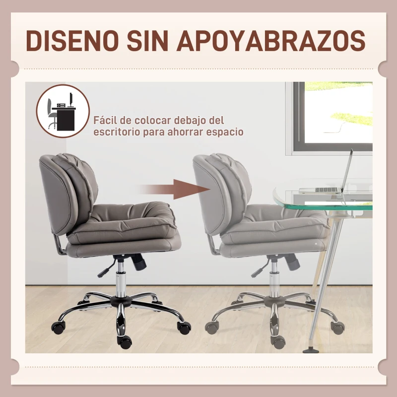 HOMCOM Silla de Oficina Piernas Cruzadas con Asiento Ancho Ruedas Altura Ajustable Doble Acolchado Función Basculante Gris