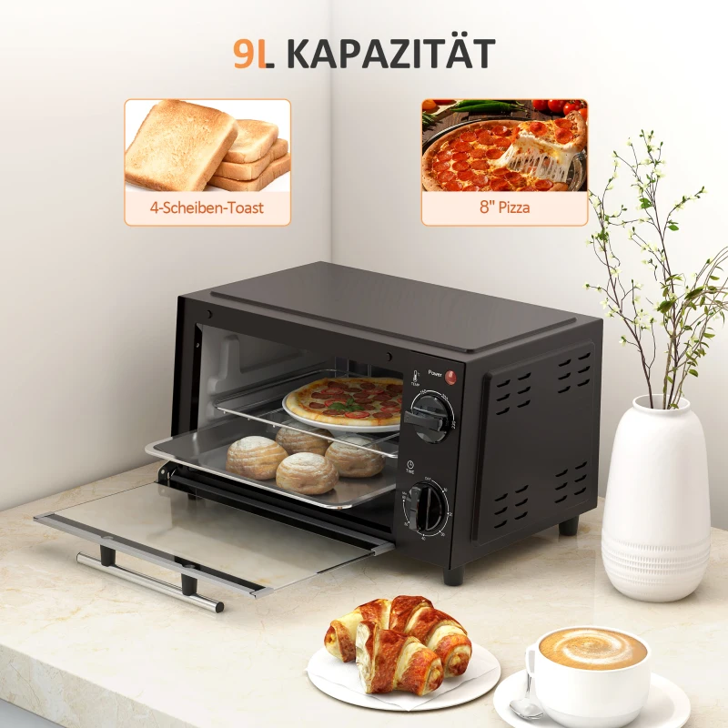 HOMCOM Mini-Backofen, 9 Liter Fassungsvermögen, Einstellbare Temperatur und Garzeit, mit Grillrost und Backblech, Schwarz(m-4)