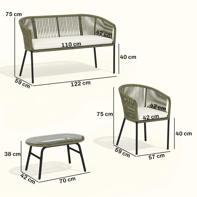 Outsunny Conjunto de Jardim Exterior 4 Lugares Sofá 2 Lugares 2 Poltronas e Mesa de Centro Vidro Temperado PP Redondo Trançado Creme