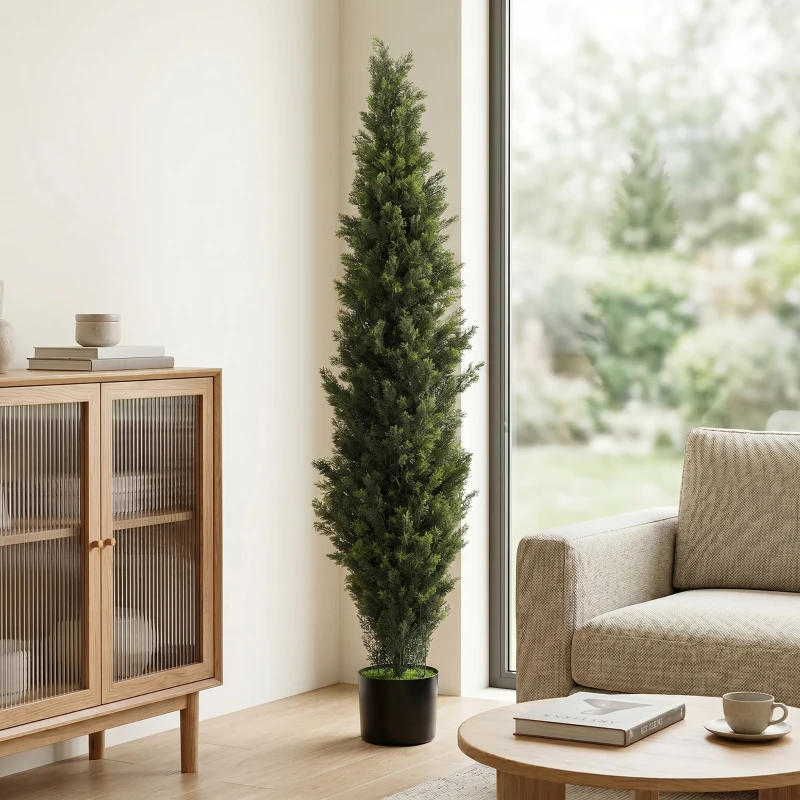 HOMCOM Set of 2 Decorative Artificial Plants Cypress in Weighted Pot, Fake Plant with 2035 Leaves, 150 cm