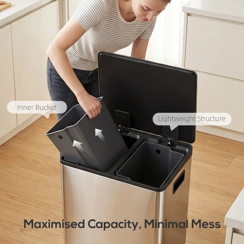 HOMCOM Kosz na śmieci z 2x30L komorami, pokrywą soft-close, odporny na odciski, stal nierdzewna, srebrny