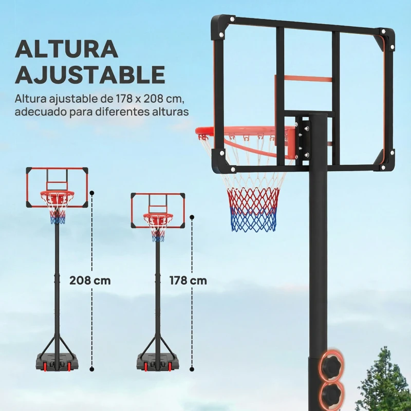 SPORTNOW Canasta de Baloncesto con Altura Ajustable 178-208 cm Ruedas y Base Rellenable para Adolescentes y Adultos Rojo y Negro