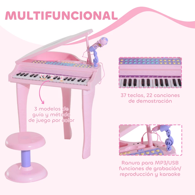HOMCOM Piano Infantil 37 Teclas Teclado Electrónico Piano para Niños con Micrófono Taburete Luces y 22 Canciones USB/MP3 Karaoke Modo de Enseñanza Rosa