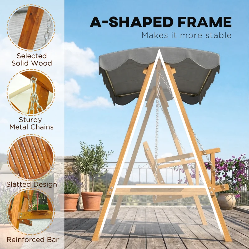 Outsunny 3 Seater Garden Swing Seat with Canopy, Wooden Swing Chair, Outdoor Hammock Bench for Balcony Patio Porch, Dark Grey