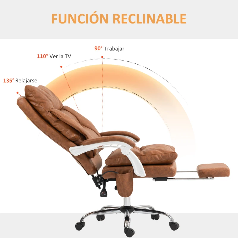 HOMCOM Silla de Escritorio con Soporte Lumbar Inflable Tapizada en PU Reposapiés Respaldo Reclinable Altura Ajustable Marrón