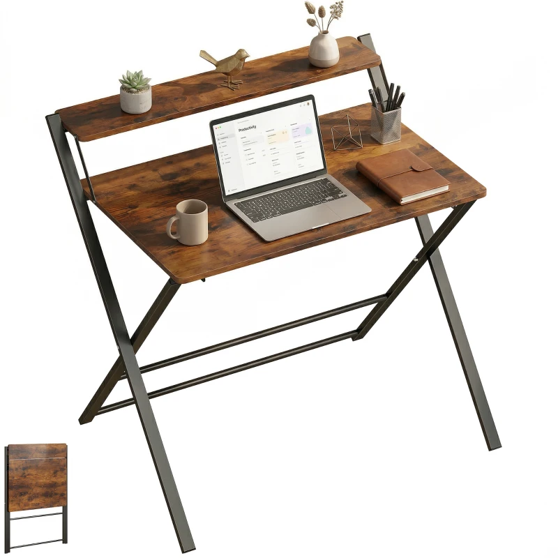 HOMCOM Compact Folding Desk for Small Spaces with Storage Shelf for Home Office, Rustic Brown
