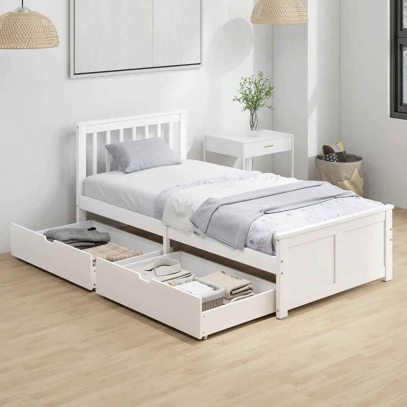 HOMCOM Cadru de pat 90x190cm din lemn masiv,  2 sertare pe roți, tăblie, picior de pat, somier cu lamele, alb